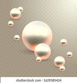 Vector Illustration for your design. Luxury beautiful shining jewellery background with rose pearls on transparent background. Beautiful shiny natural pearls. With transparent glares and highlights