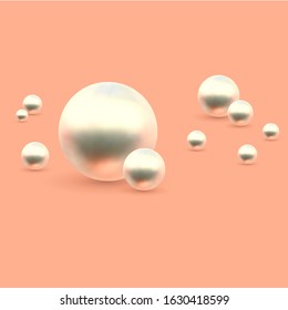 Vector Illustration for your design. Luxury beautiful shining jewellery background with rose pearls on pink background. Beautiful shiny natural pearls. With transparent glares and highlights for