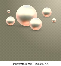 Vector Illustration for your design. Luxury beautiful shining jewellery background with rose pearls on transparent background. Beautiful shiny natural pearls. With transparent glares and highlights