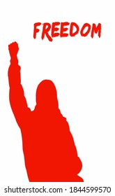 Vector illustration of Your freedom. Red parson with a poster on a demonstration. Men activists are calling for freedom. Vector for poster. Guy raised her hand and protests.