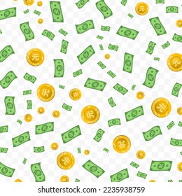Vector illustration of Yuan Renminbi money. Random pattern of banknotes and coins in green and gold colors on transparent background (PNG). 