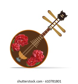 Vector illustration of yueqin isolated on white background. Chinese plucked string musical instrument decorated with peony flowers.