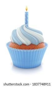 Vector Illustration Of Yummy Bday Cupcake Topped With Blue Candle.