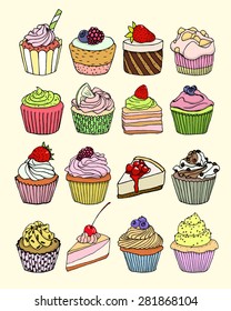 Vector illustration of yummy hand drawn desserts. Beautiful design elements for pastry shops, coffee houses, cafes or any other business related to the catering.