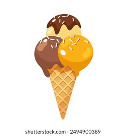 Vector illustration with yummy ice cream in cone decorated coconut flakes and isolated on white background.