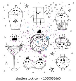Vector illustration. Yummy  objects set. Cupcakes, doughnut, cookie, ice cream, peanut, chocolate bar, soda and cup of coffee. Funny print design elements.