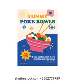 Vector illustration of yummy poke bowls flyer poster template design