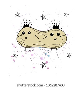 Vector illustration. Yummy print. Princess peanut . Cartoon drawing. Funny print design elements.