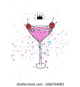 Vector illustration. Yummy  print. Sparkling beverage . Cartoon drawing. Glass with soda and cherry. Funny print design elements.