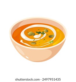 Vector illustration of yummy pumpkin creamy soup in bowl isolated on white background.