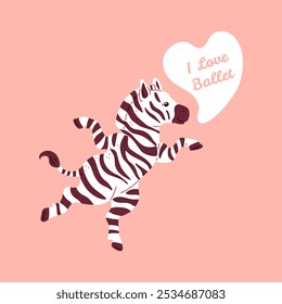 Ilustración vectorial de una cebra con un hermoso patrón blanco y negro bailando alegremente ballet sobre un fondo rosa para el diseño de los niños y la marca juguetona.