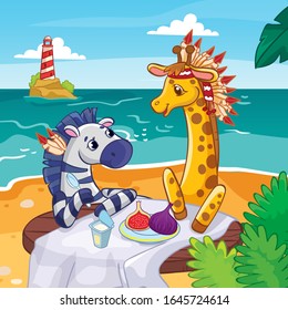 Vector illustration of zebra with giraffe have lunch on the beach