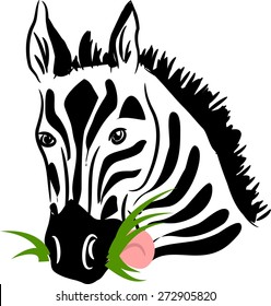 Vector illustration of zebra head as eating grass
