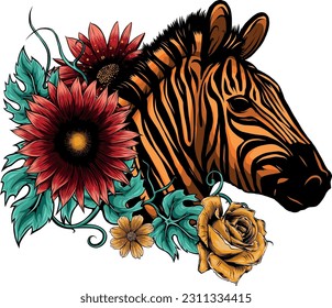 vector illustration of zebra head with flower