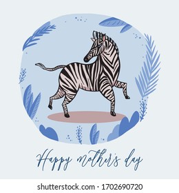 Vector illustration of a zebra with modern blue leaf decoration. Postcard for mother's day