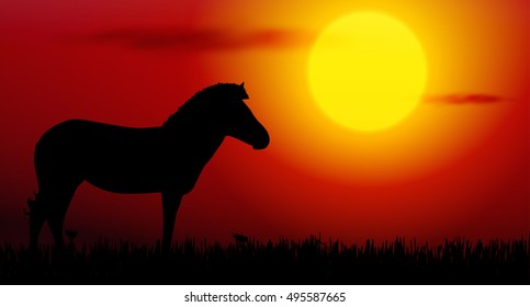 Vector illustration of zebra silhouette on sunset