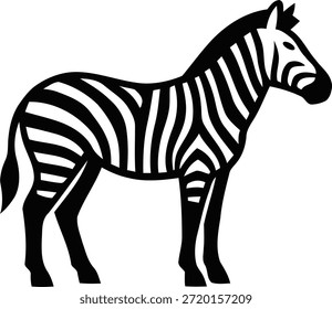 Vector illustration of a zebra standing side view. Wild African animal black and white design isolated on white background.