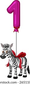 Vector illustration of a zebra tied to a pink balloon shaped like the number one, featuring vibrant colors and playful design