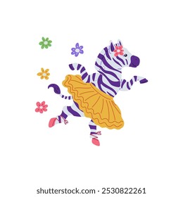 Vector illustration of a zebra in a tutu and pointe shoes joyfully dancing ballet among flowers. Perfect for the design of a children's dance school