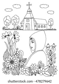 Vector illustration Zen nun Tangle near the church in flowers. Dudling. Coloring book anti stress for adults. Black and white.