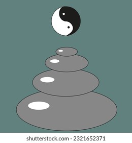 Vector illustration of Zen Stones and Yin Yang Symbol isolated on light background. Meditation concept. Poster for Yoga School. Flat Art.  