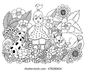 Vector illustration Zen Tangle the baby with a cat and a dog. Dudling. Coloring book anti stress for adults. Black and white.