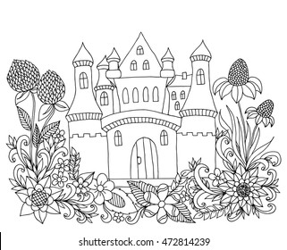 Vector illustration Zen Tangle castle among the flowers. Coloring book, anti stress for adults. Black and white.