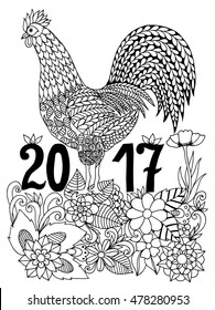 Vector illustration Zen Tangle Christmas cock flowers. Dudling. Coloring book anti stress for adults. Black and white.