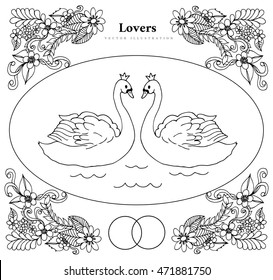 Vector illustration Zen Tangle congratulations on the wedding. Dudling. Coloring book, anti stress for adults. Black and white.