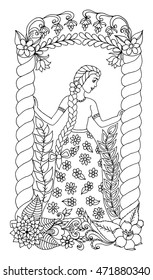 Vector illustration Zen Tangle girl under the arch of flowers. Dudling. Coloring book anti stress for adults. Black and white.