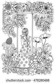 Vector illustration Zen Tangle girl with a kitten on a swing. Dudling. Coloring book anti stress for adults. Black and white.