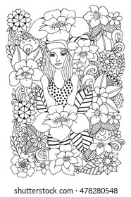 Vector illustration Zen Tangle girl in flowers. Dudling. Coloring book anti stress for adults. Black and white.