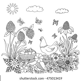 Vector illustration Zen Tangle hen with chickens in colors. Dudling. Coloring book, anti stress for adults. Black and white.