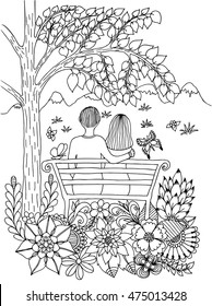 Vector illustration Zen Tangle in love couple on a bench under a tree in bloom. Dudling. Coloring book, anti stress for adults. Black and white.