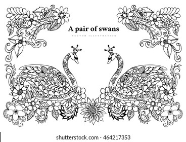 Vector illustration Zen Tangle pair of swans in colors. Dudling. Coloring book anti stress for adults. Black and white.