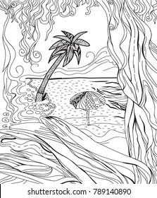 Vector illustration Zen Tangle parrot in the jungle with pulm. Dudling. Coloring book, anti stress for adults. Black and white.