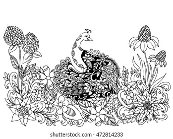 Vector illustration Zen Tangle peacock among the flowers. Doodling. Coloring book, anti stress for adults. Black and white.