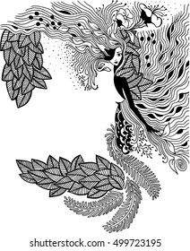 Vector illustration Zen Tangle portrait of a woman in a flower frame. Doodle forest, garden. Coloring book anti stress for adults. Black and white vector illustration.