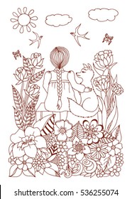 Vector illustration zentagl, baby girl sitting on a bench with a fox surrounded by flowers. Doodle drawing. Meditative exercises. Coloring book anti stress for adults and children. Brown and white.