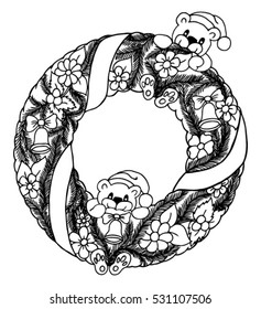 Vector illustration zentagl, bears on New Year's garlands. Doodle drawing. Meditative exercises. Coloring book anti stress for adults and children. Black and white.