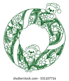 Vector illustration zentagl, bears on New Year's garlands. Doodle drawing. Meditative exercises. Coloring book anti stress for adults and children.Green and white.