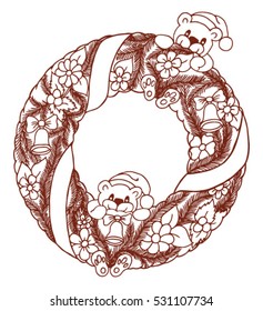 Vector illustration zentagl, bears on New Year's garlands. Doodle drawing. Meditative exercises. Coloring book anti stress for adults and children.Brown and white.