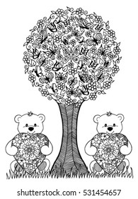 Vector illustration zentagl, bears under a tree of butterflies. Doodle drawing. Meditative exercises. Coloring book anti stress for adults and children. Black and white.