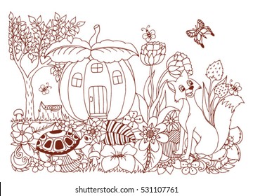 Vector illustration zentagl, Beasts and the pumpkin cottage among the flowers. Doodle drawing. Meditative exercises. Coloring book anti stress for adults and children. Brown and white.
