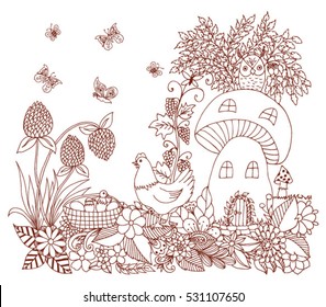 Vector illustration zentagl, chicken the mushroom near the lodge. Doodle drawing. Meditative exercises. Coloring book anti stress for adults and children. Brown and white.