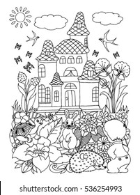 Vector illustration zentagl, a child with the beasts among flowers near the palace. Doodle drawing. Meditative exercises. Coloring book anti stress for adults and children. Black and white.