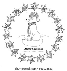 Vector illustration zentagl, Christmas chanterelle on the snow in the frame of the snowflakes. Doodle drawing. Meditative exercises. Coloring book anti stress for adults and children. Black and white.