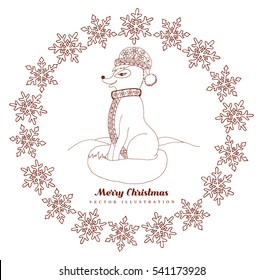 Vector illustration zentagl, Christmas chanterelle on the snow in the frame of the snowflakes. Doodle drawing. Meditative exercises. Coloring book anti stress for adults and children.Brown and white.
