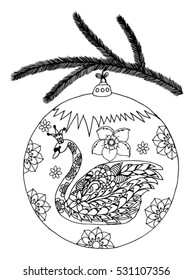 Vector illustration zentagl, Christmas Toy with the image of of a swan. Doodle drawing. Meditative exercises. Coloring book anti stress for adults and children.Black and white.