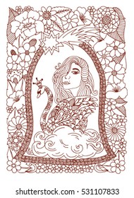 Vector illustration zentagl, girl with a swan a bell among the flowers. Doodle drawing. Meditative exercises. Coloring book anti stress for adults and children. Brown and white.